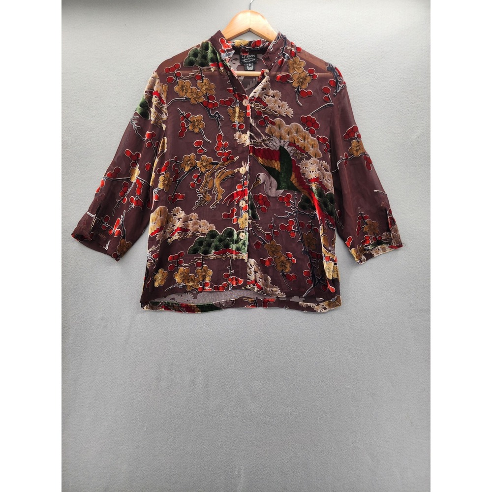 Citron Santa Monica Silk Burnout Velvet Crane Floral Blouse Top Burgundy Small